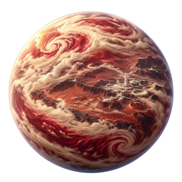 Gehz, crimson and cream swirling atmosphere over red cindered land