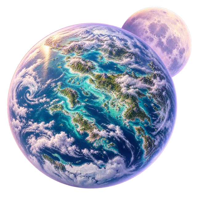 Sharen, a world of water under a massive pastel moon